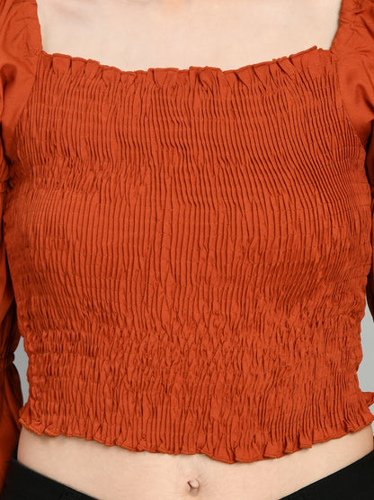 Casual Puff Sleeves Solid Women Brown Top