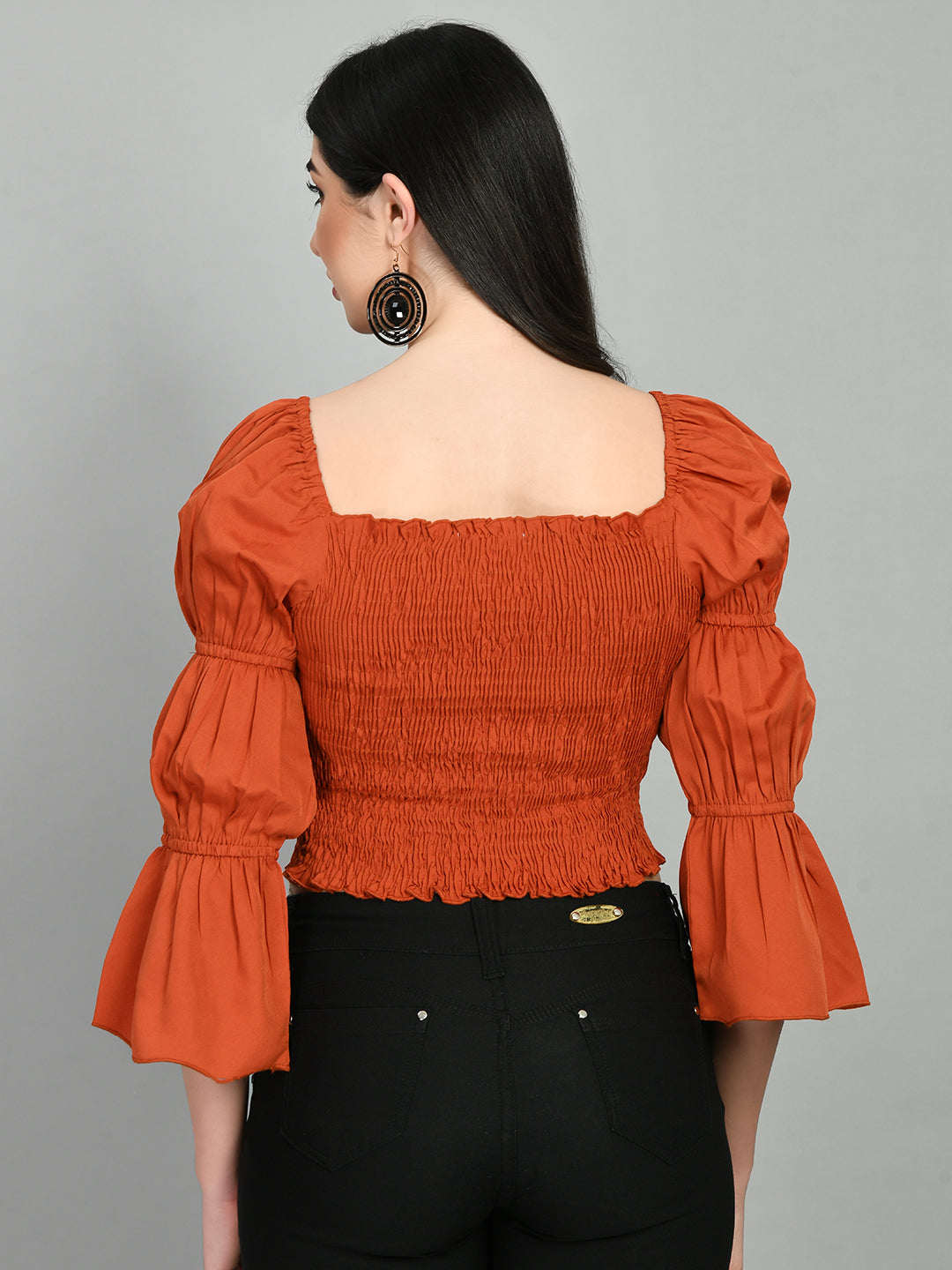 Casual Puff Sleeves Solid Women Brown Top