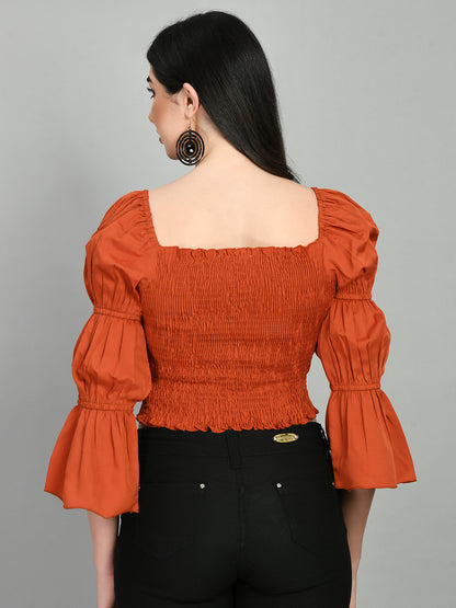 Casual Puff Sleeves Solid Women Brown Top