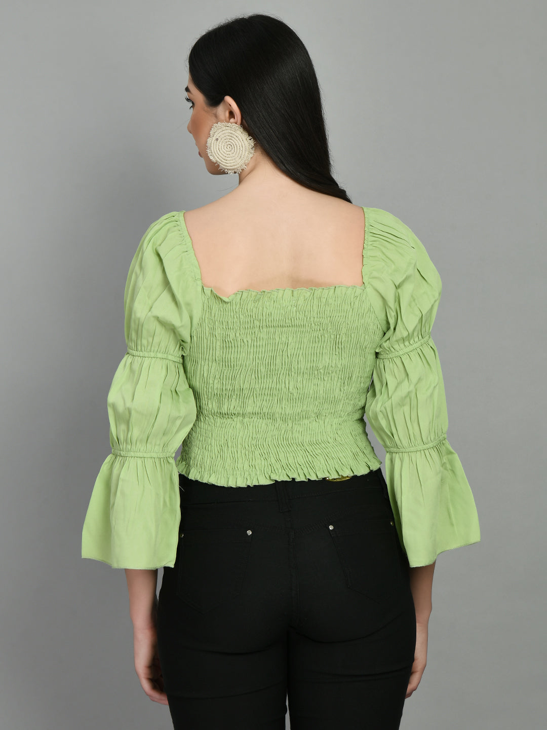 Casual Puff Sleeves Solid Women Light Green Top