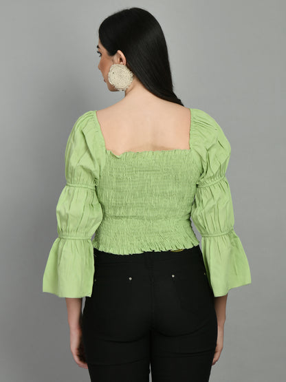 Casual Puff Sleeves Solid Women Light Green Top
