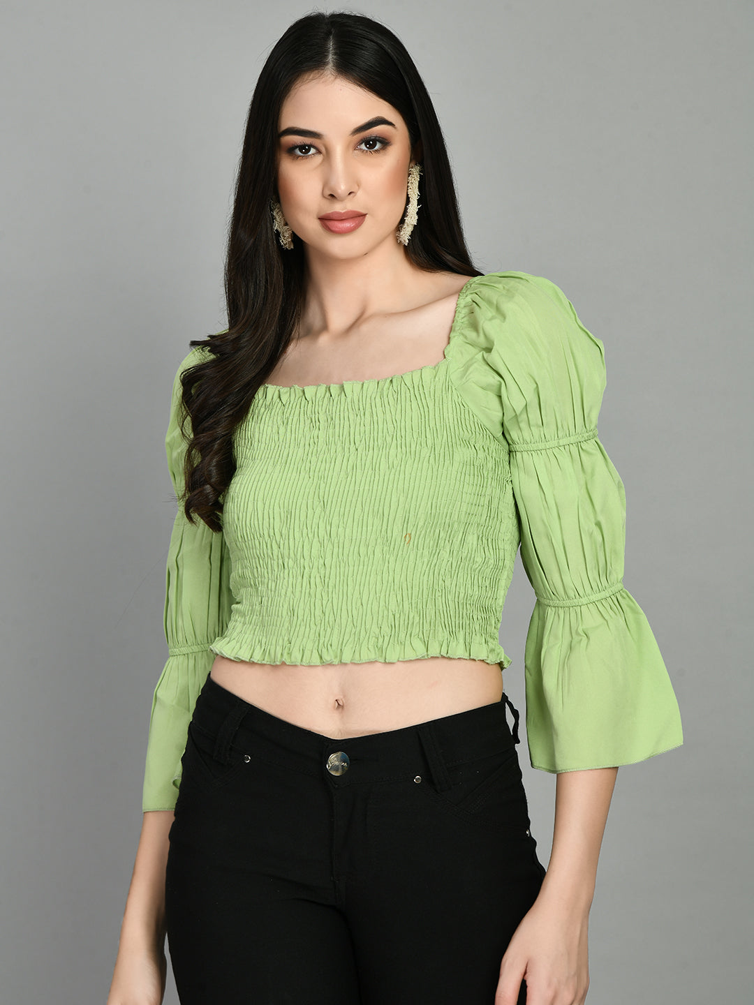 Casual Puff Sleeves Solid Women Light Green Top