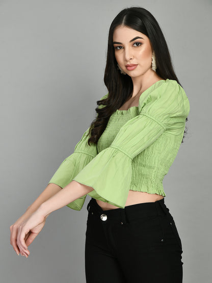 Casual Puff Sleeves Solid Women Light Green Top