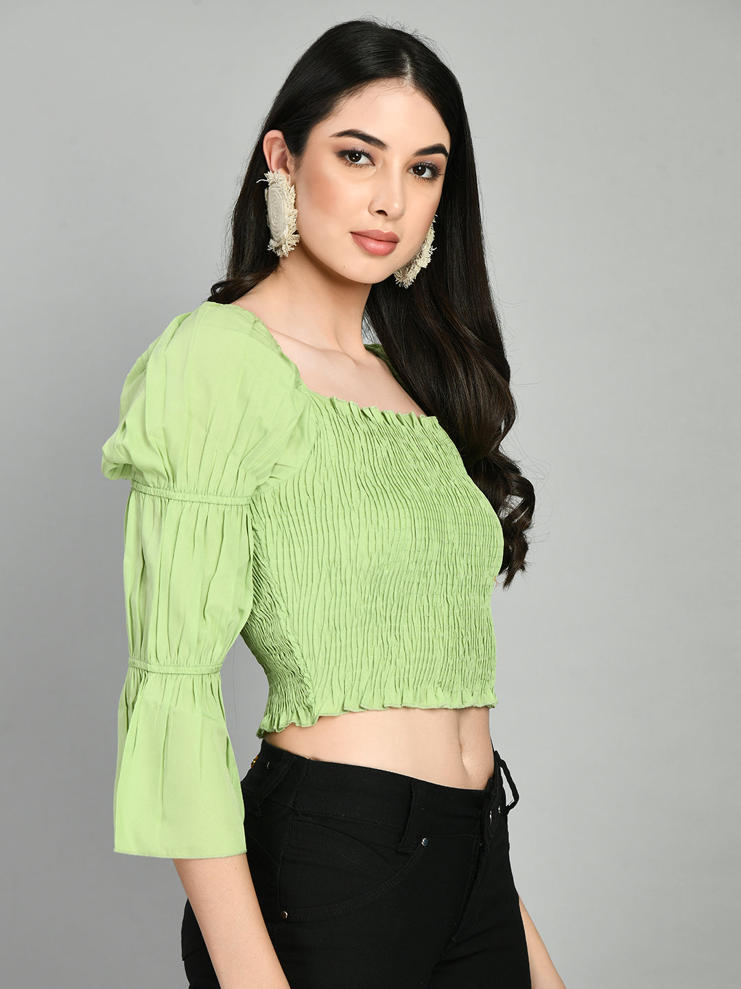 Casual Puff Sleeves Solid Women Light Green Top