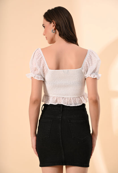 Casual Puff Sleeves Solid Women White Top
