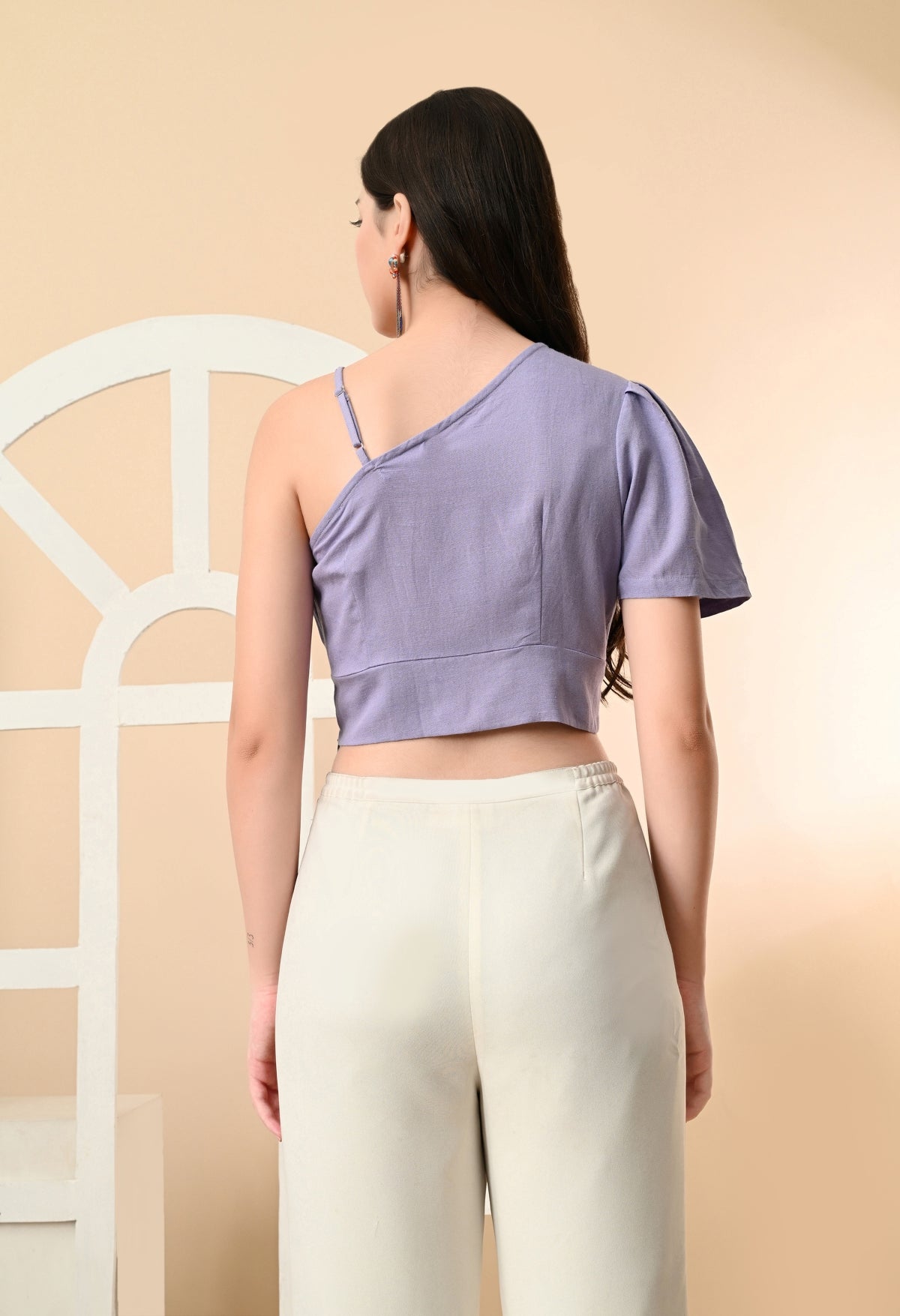 Casual One Shoulder Sleeves Checkered Women Pink, White Top