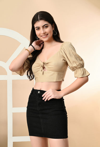 Casual Puff Sleeves Solid Women Beige Top