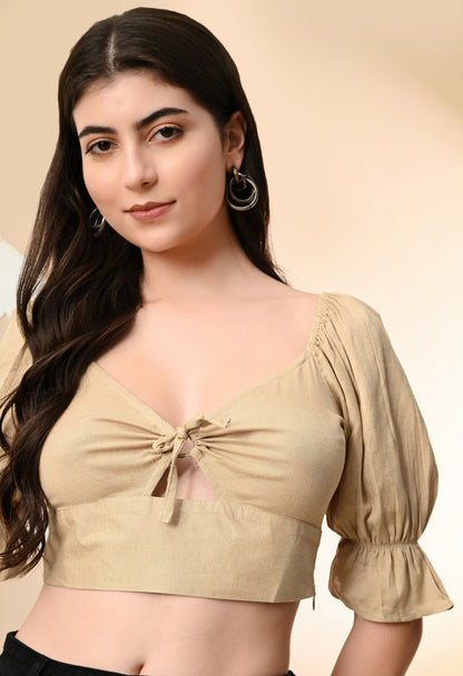 Casual Puff Sleeves Solid Women Beige Top