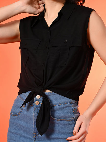 Casual Sleeveless Solid Women Black Top