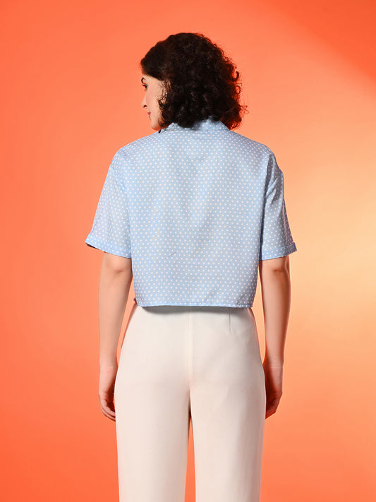Women Regular Fit Polka Print Tie up Collar Casual Shirt