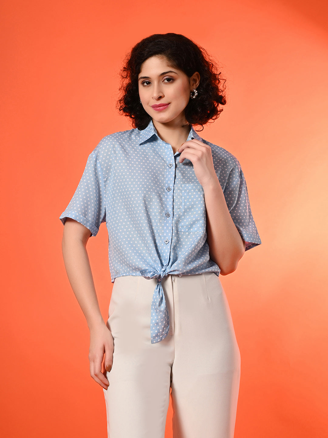 Women Regular Fit Polka Print Tie up Collar Casual Shirt