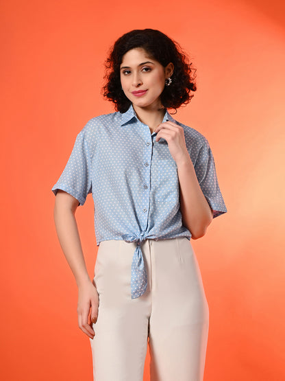Women Regular Fit Polka Print Tie up Collar Casual Shirt