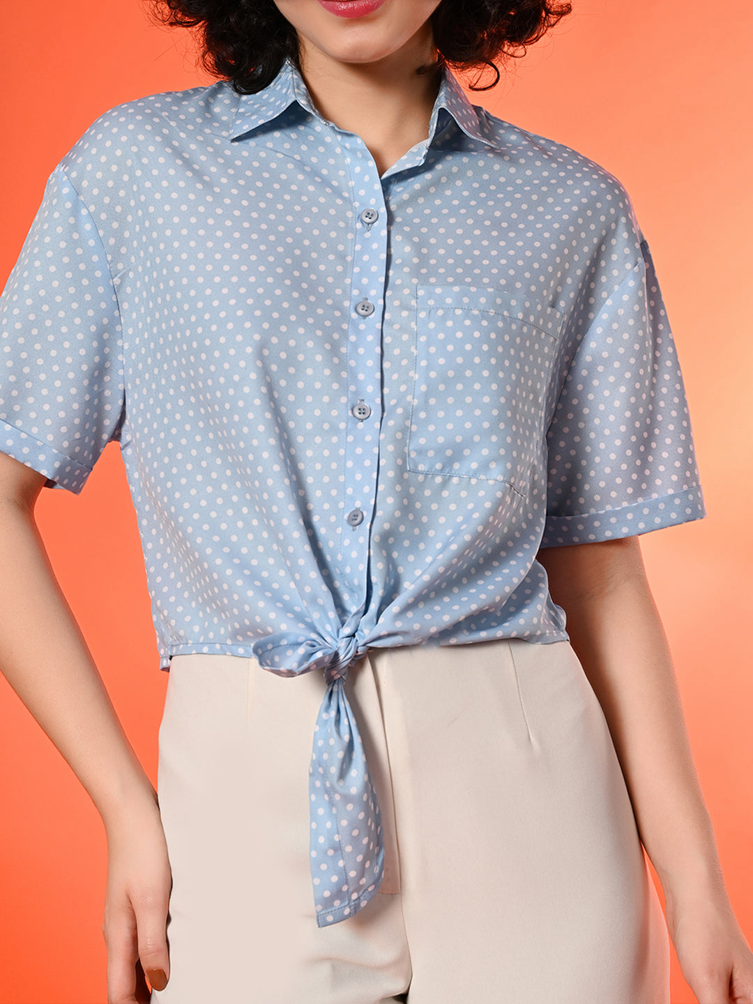 Women Regular Fit Polka Print Tie up Collar Casual Shirt