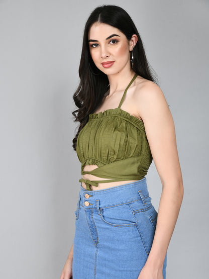Casual Shoulder Straps Solid Women Dark Green Top