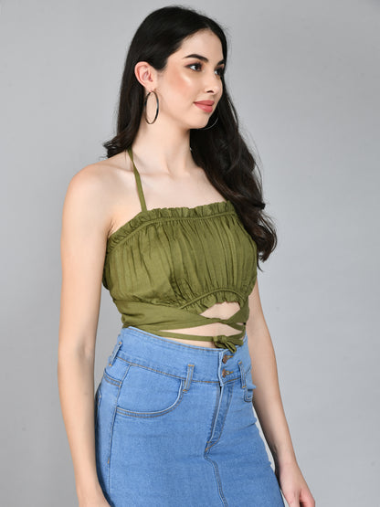 Casual Shoulder Straps Solid Women Dark Green Top