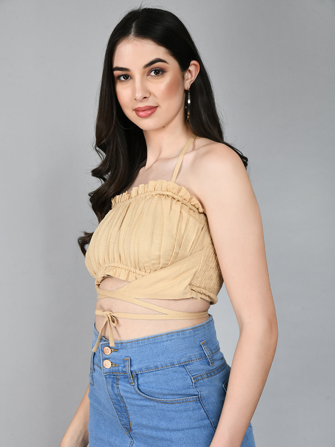 Casual Shoulder Straps Solid Women Beige Top
