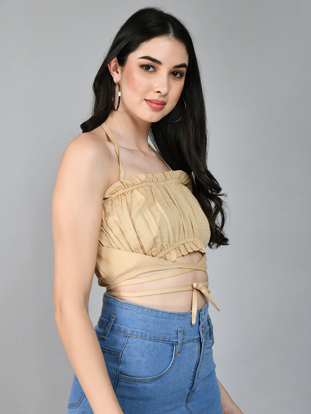 Casual Shoulder Straps Solid Women Beige Top