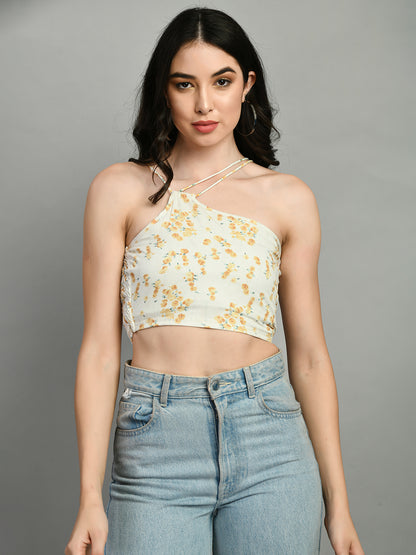 Casual Noodle Straps Printed Women Yellow, Dark Green, White Top