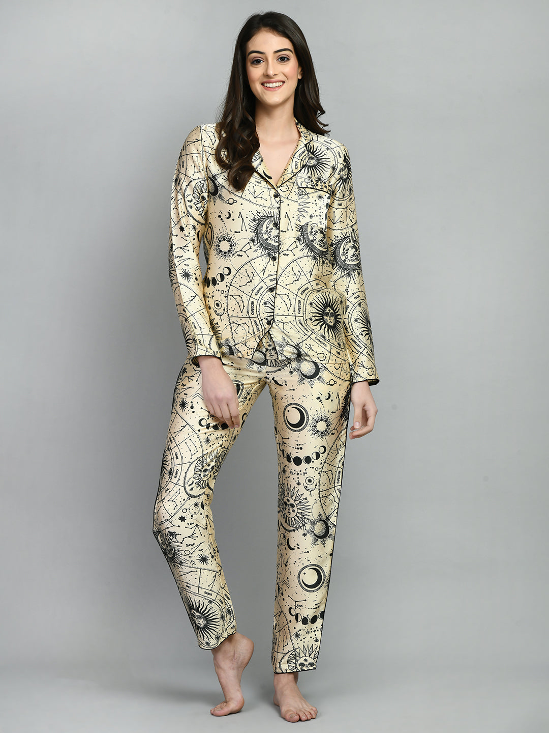 Women Shirt & Pyjama set Beige Printed