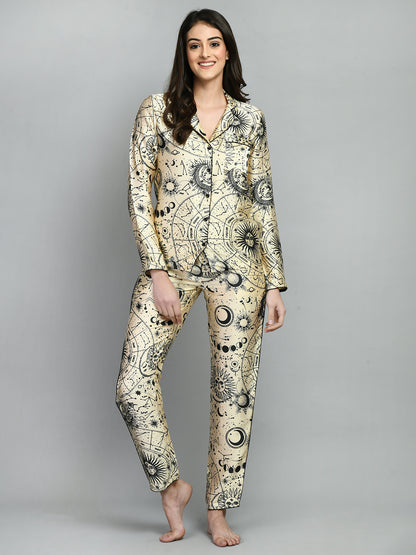 Women Shirt & Pyjama set Beige Printed