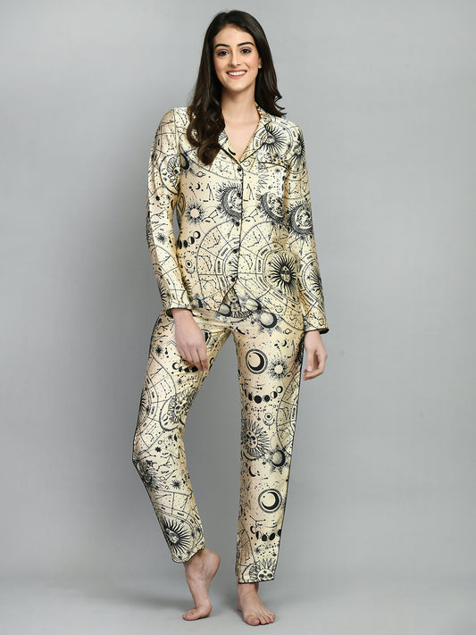 Women Shirt & Pyjama set Beige Printed