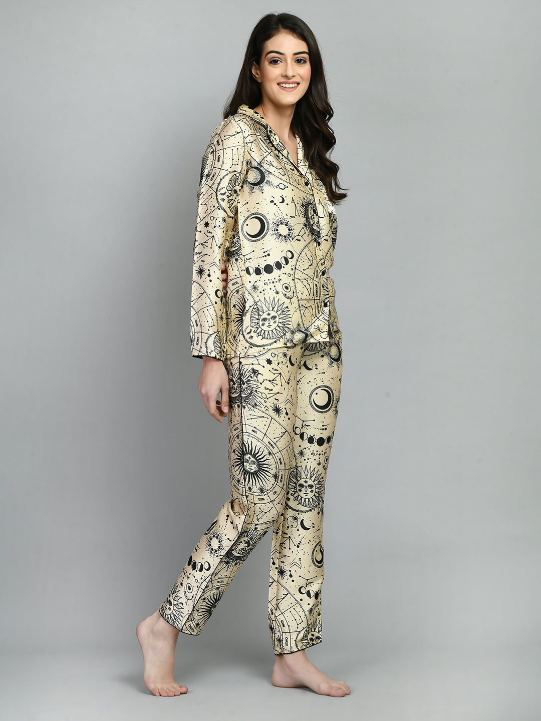 Women Shirt & Pyjama set Beige Printed