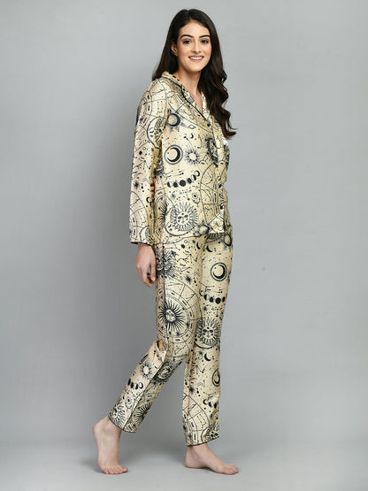 Women Shirt & Pyjama set Beige Printed