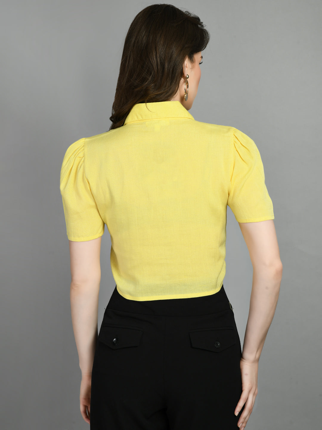 Casual Puff Sleeves Solid Women Yellow Top