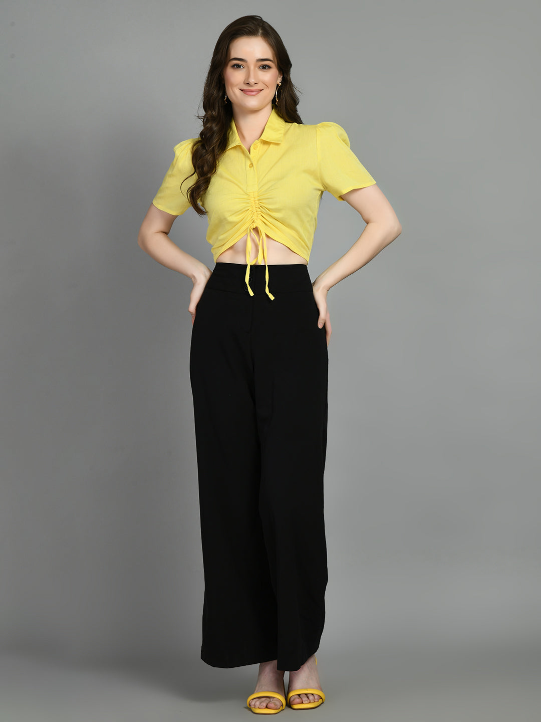 Casual Puff Sleeves Solid Women Yellow Top