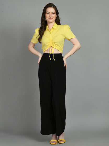 Casual Puff Sleeves Solid Women Yellow Top