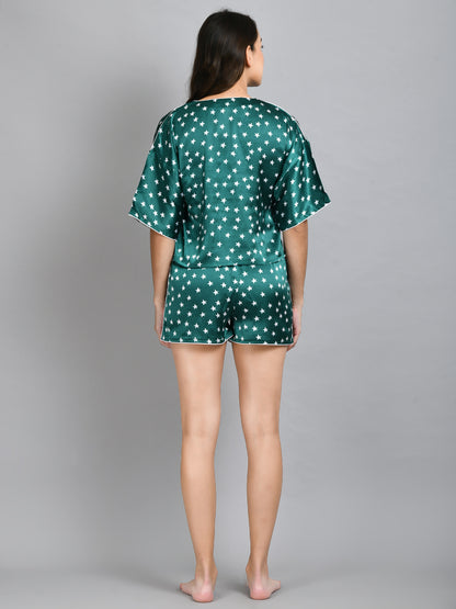 Women Top & Shorts Set Green Printed