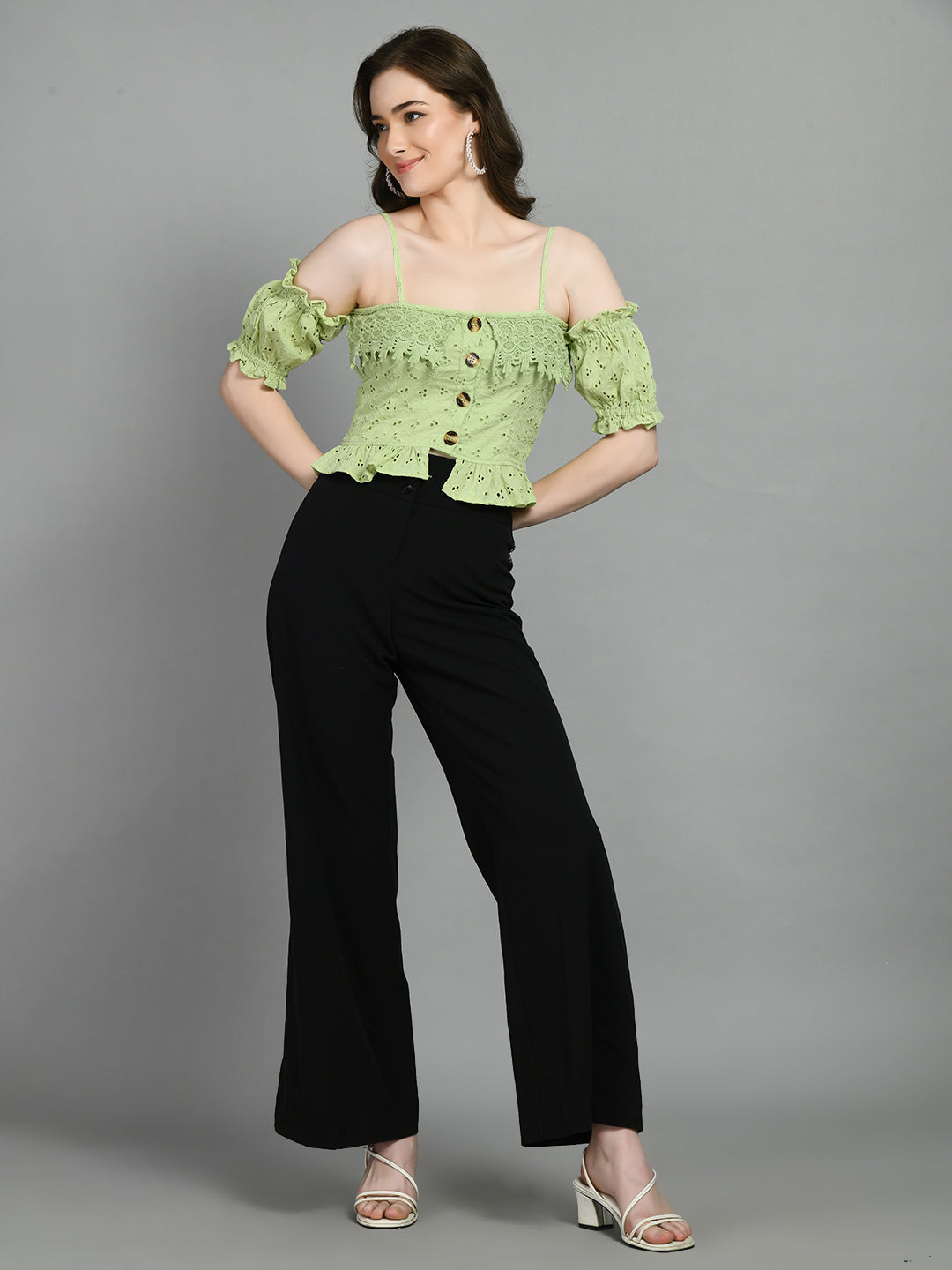 Casual Sleeveless Embroidered Women Green Top