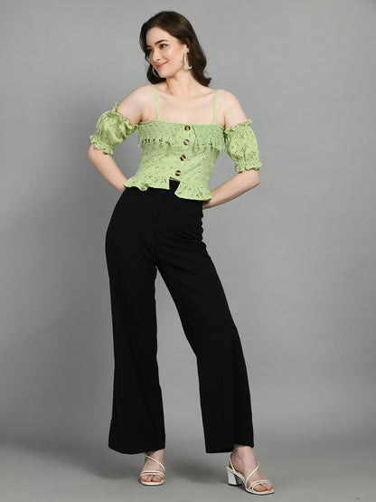 Casual Sleeveless Embroidered Women Green Top