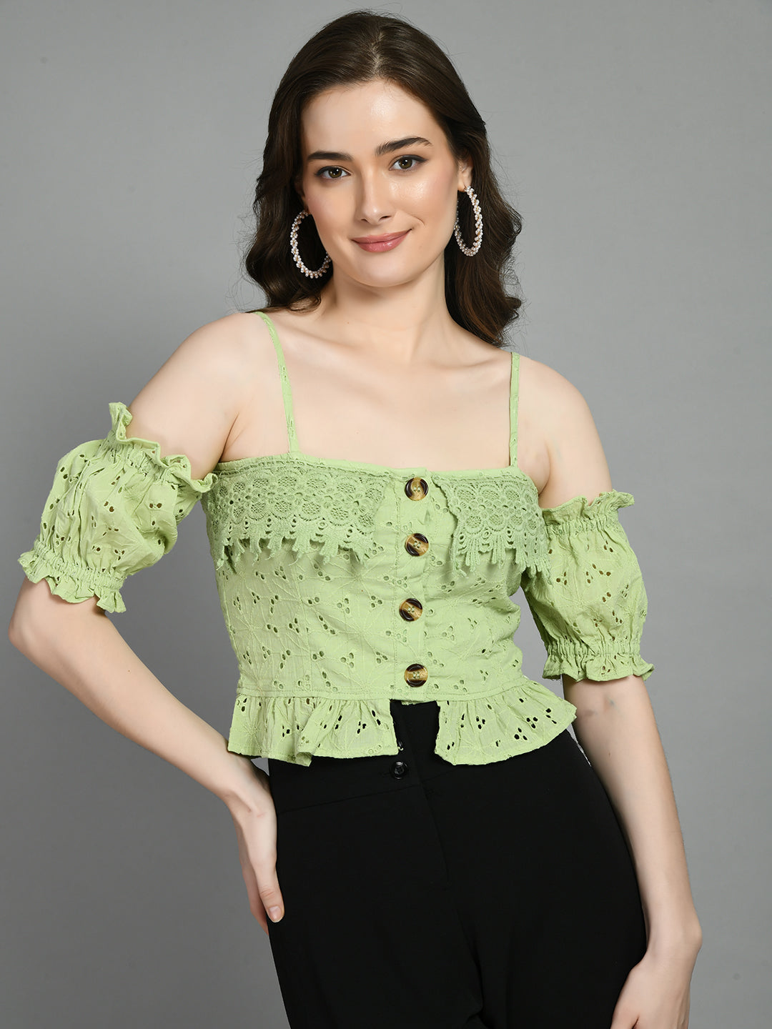 Casual Sleeveless Embroidered Women Green Top