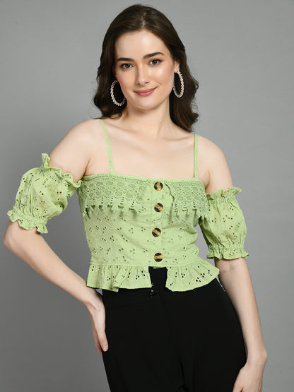 Casual Sleeveless Embroidered Women Green Top