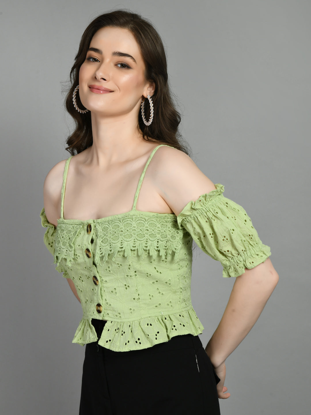 Casual Sleeveless Embroidered Women Green Top