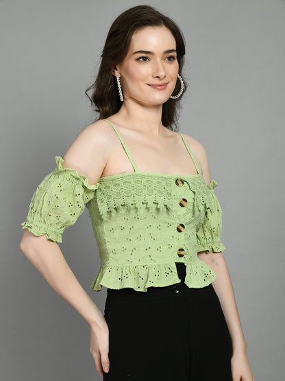 Casual Sleeveless Embroidered Women Green Top