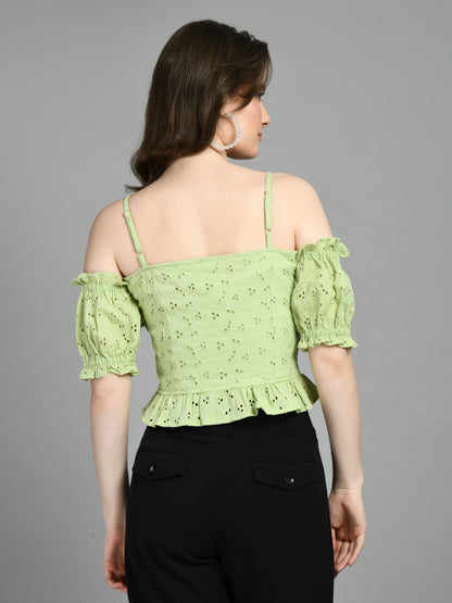 Casual Sleeveless Embroidered Women Green Top