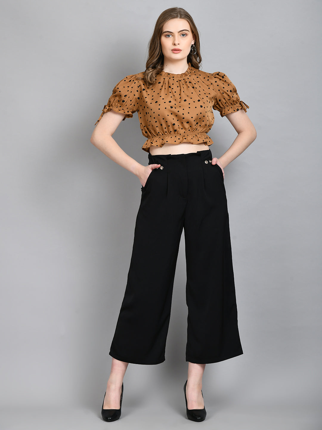 Casual Puff Sleeves Printed Women Brown Top
