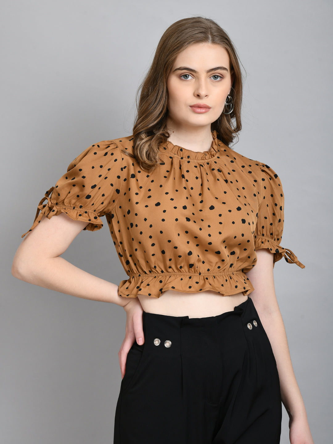 Casual Puff Sleeves Printed Women Brown Top