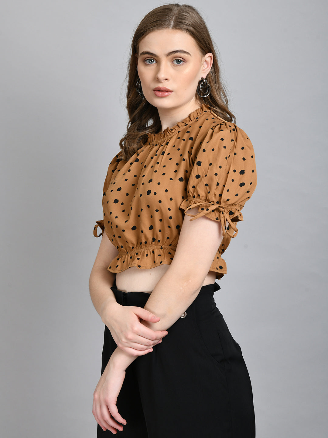 Casual Puff Sleeves Printed Women Brown Top