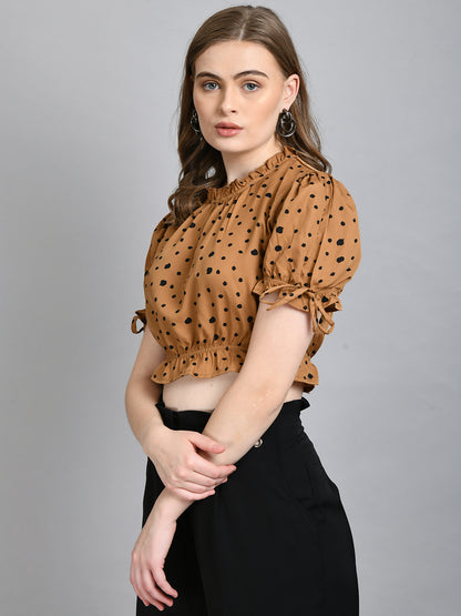 Casual Puff Sleeves Printed Women Brown Top