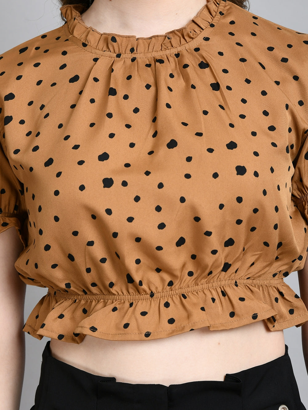 Casual Puff Sleeves Printed Women Brown Top