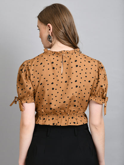 Casual Puff Sleeves Printed Women Brown Top