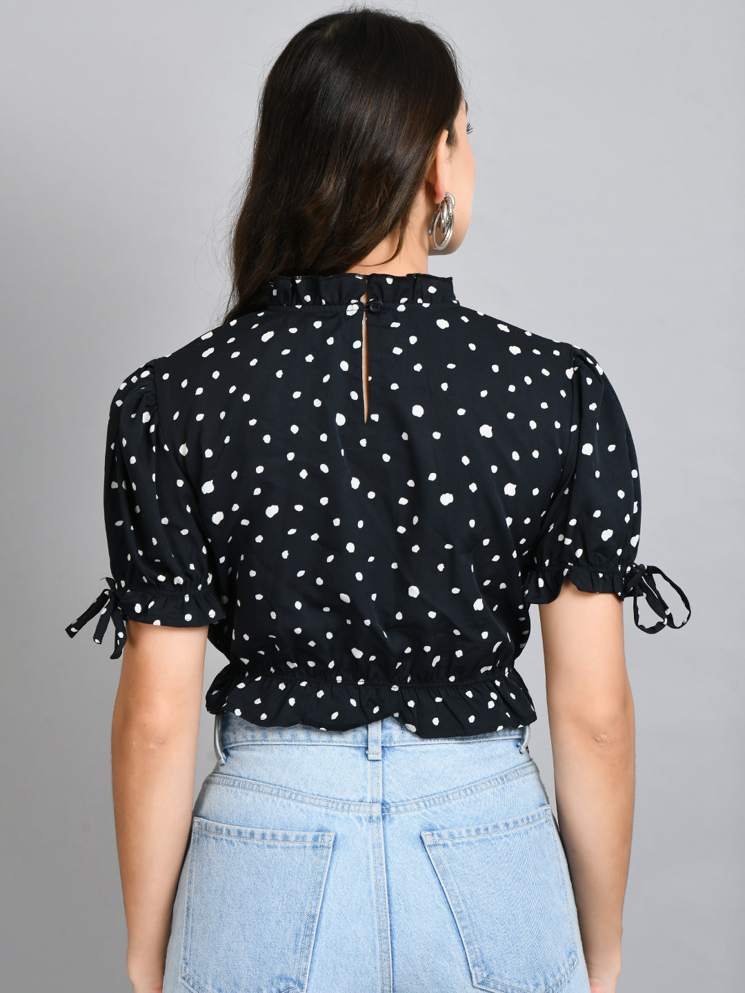 Casual Puff Sleeves Printed Women Black Top