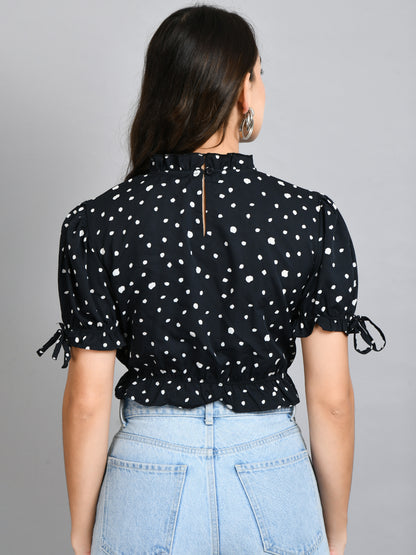 Casual Puff Sleeves Printed Women Black Top