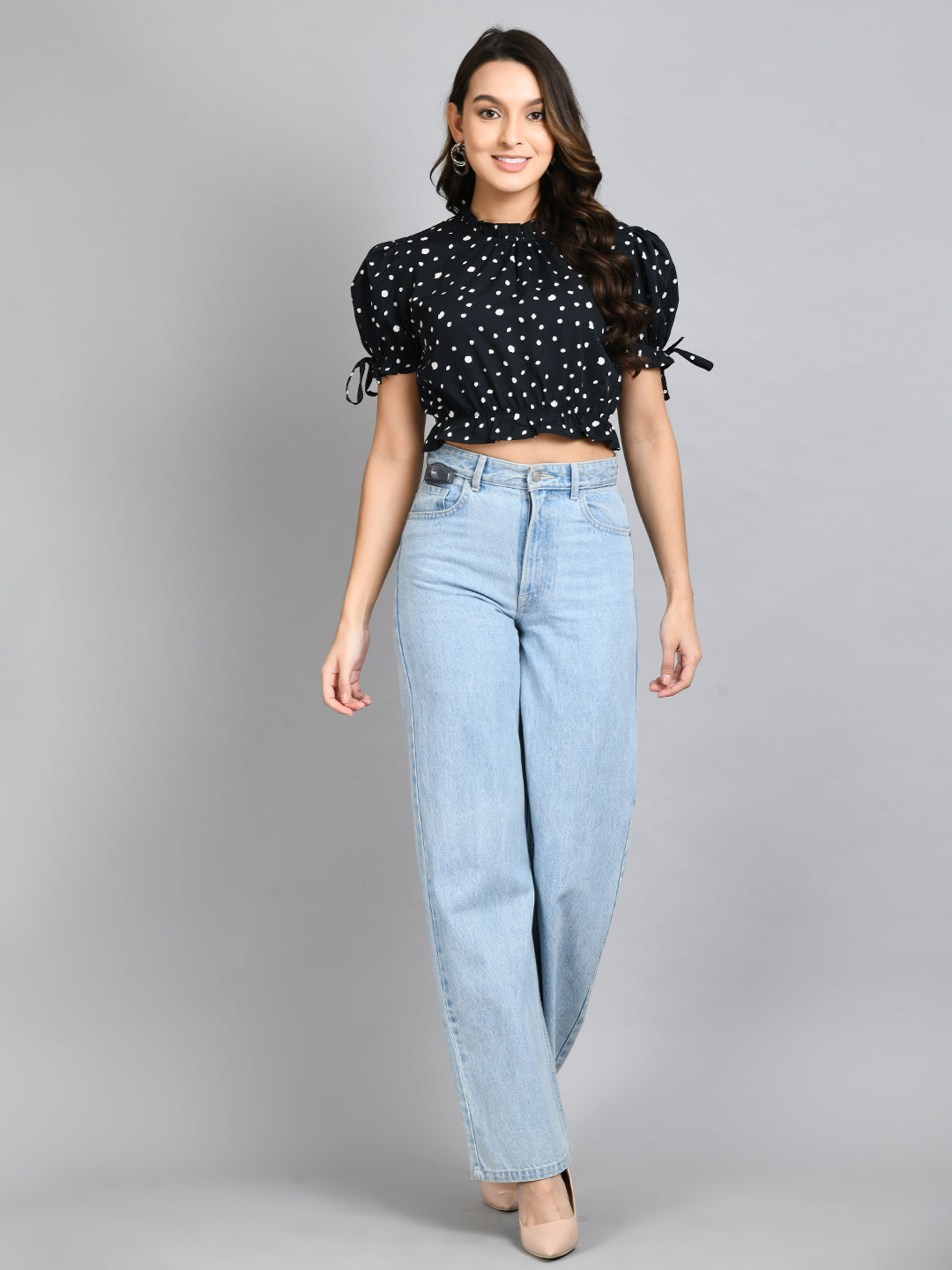 Casual Puff Sleeves Printed Women Black Top