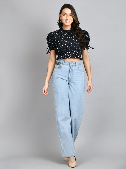 Casual Puff Sleeves Printed Women Black Top