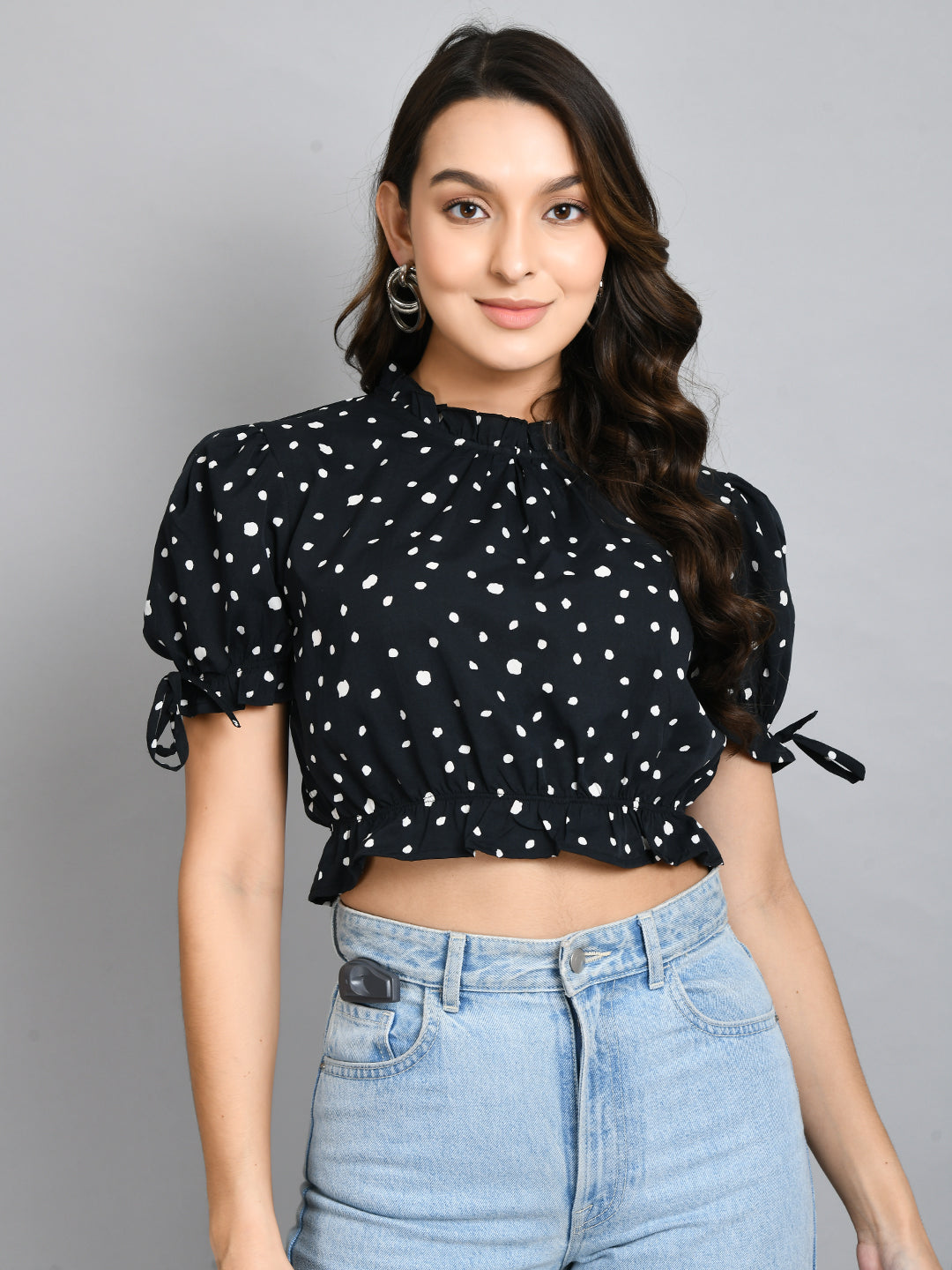 Casual Puff Sleeves Printed Women Black Top