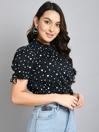 Casual Puff Sleeves Printed Women Black Top
